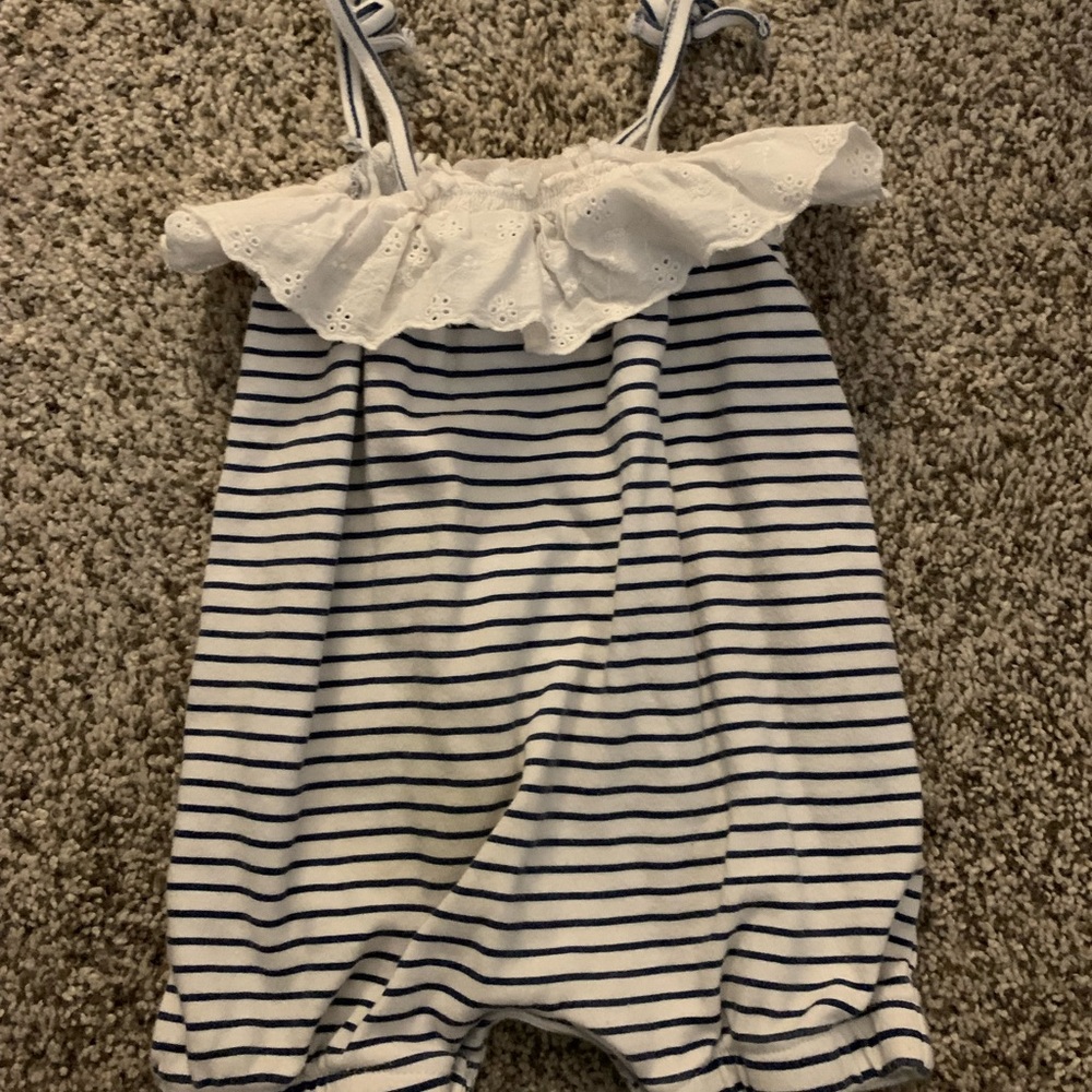 Laura Ashley romper, size 3-6 months, it’s white with navy blue stripes.